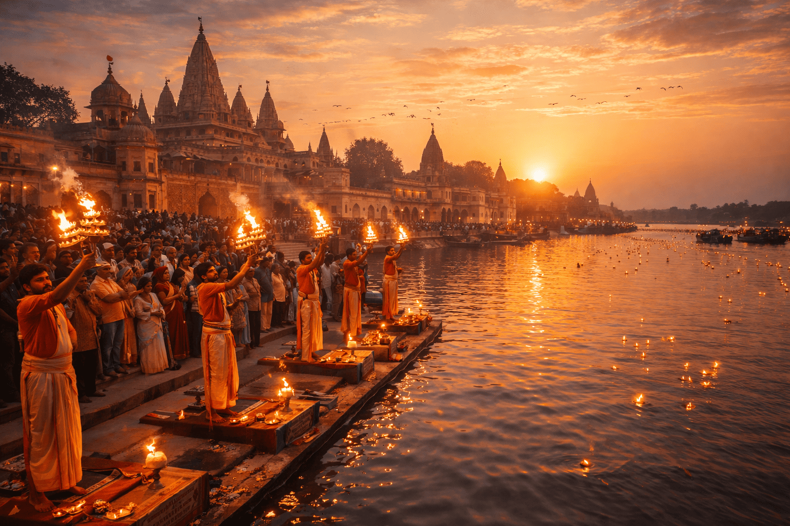 Saryu Ghat at dusk, near Yatri Niwas in Ayodhya